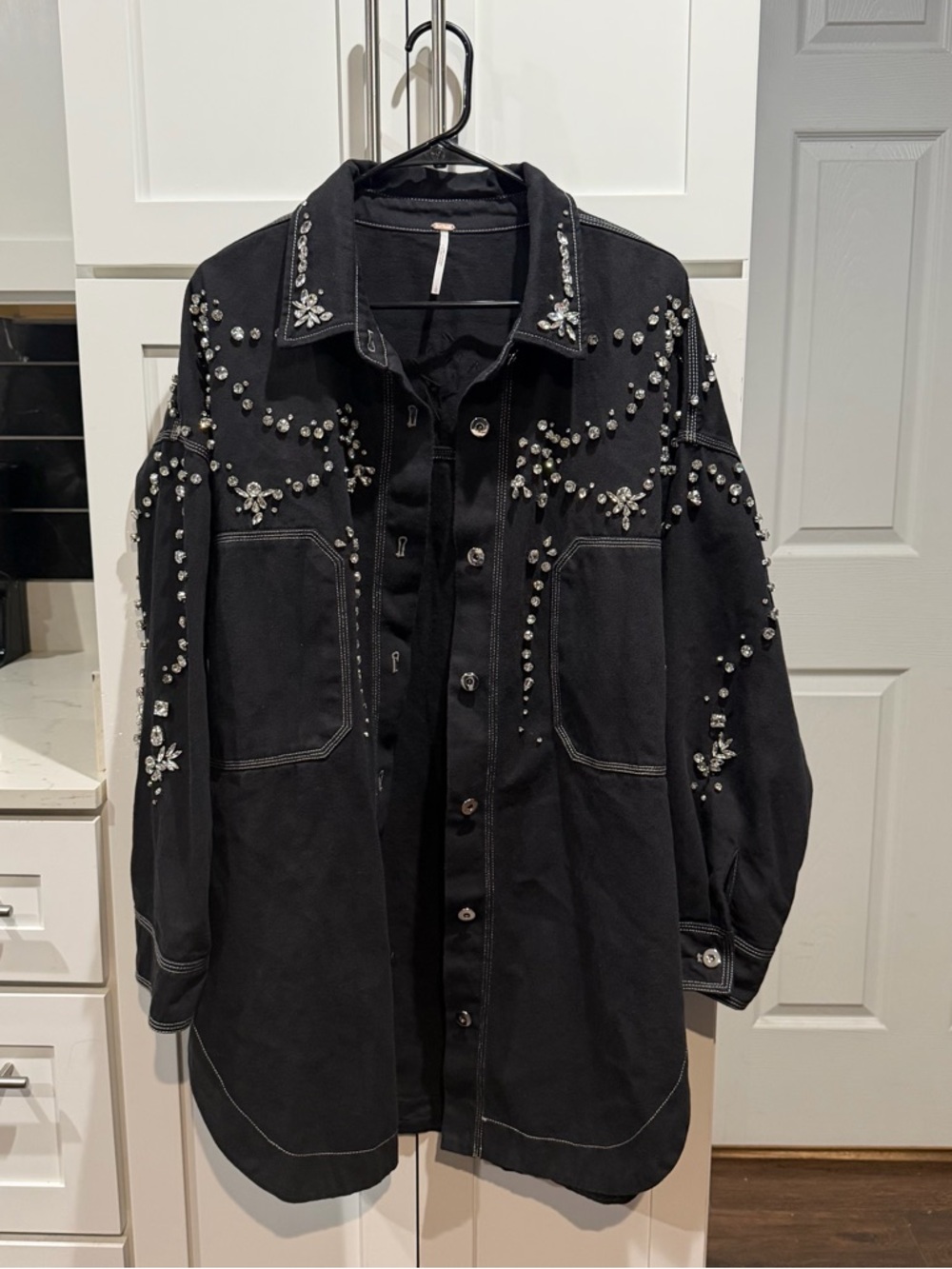 Free People Black Studded Oversized Jean Jacket - Picture 2 of 9